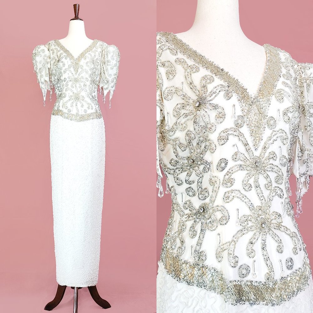 Vintage 80's Claire's Collection white and silver beaded gown